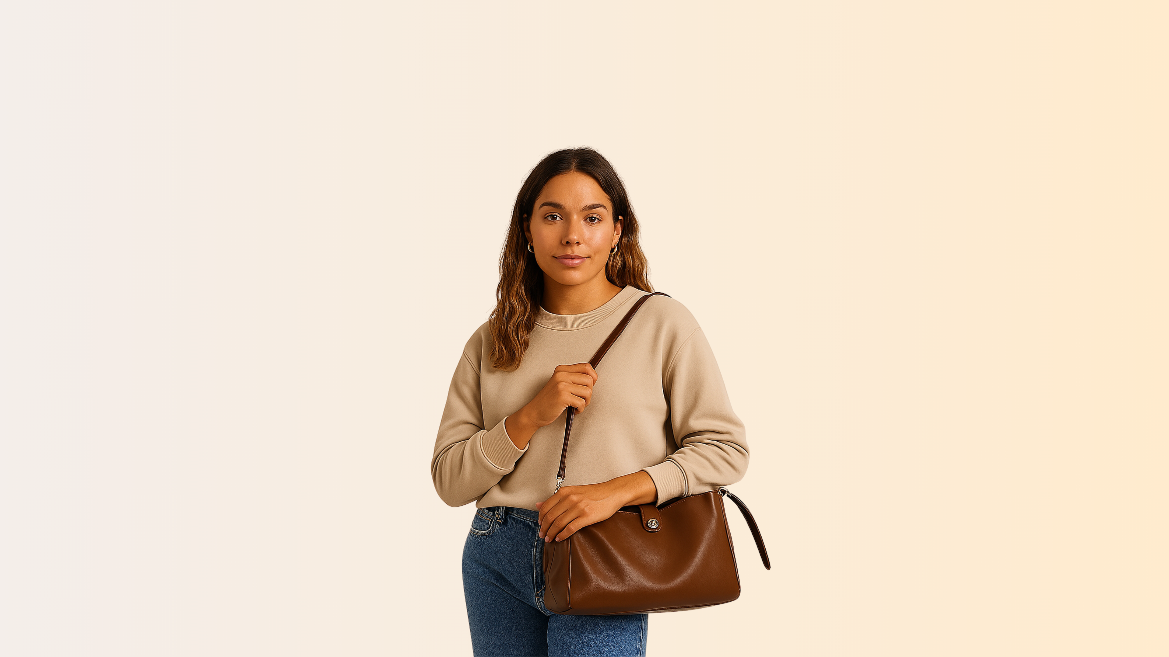 Australian woman in casual attire carrying a stylish handbag on a clean modern background for Shopify store desktop slider.
