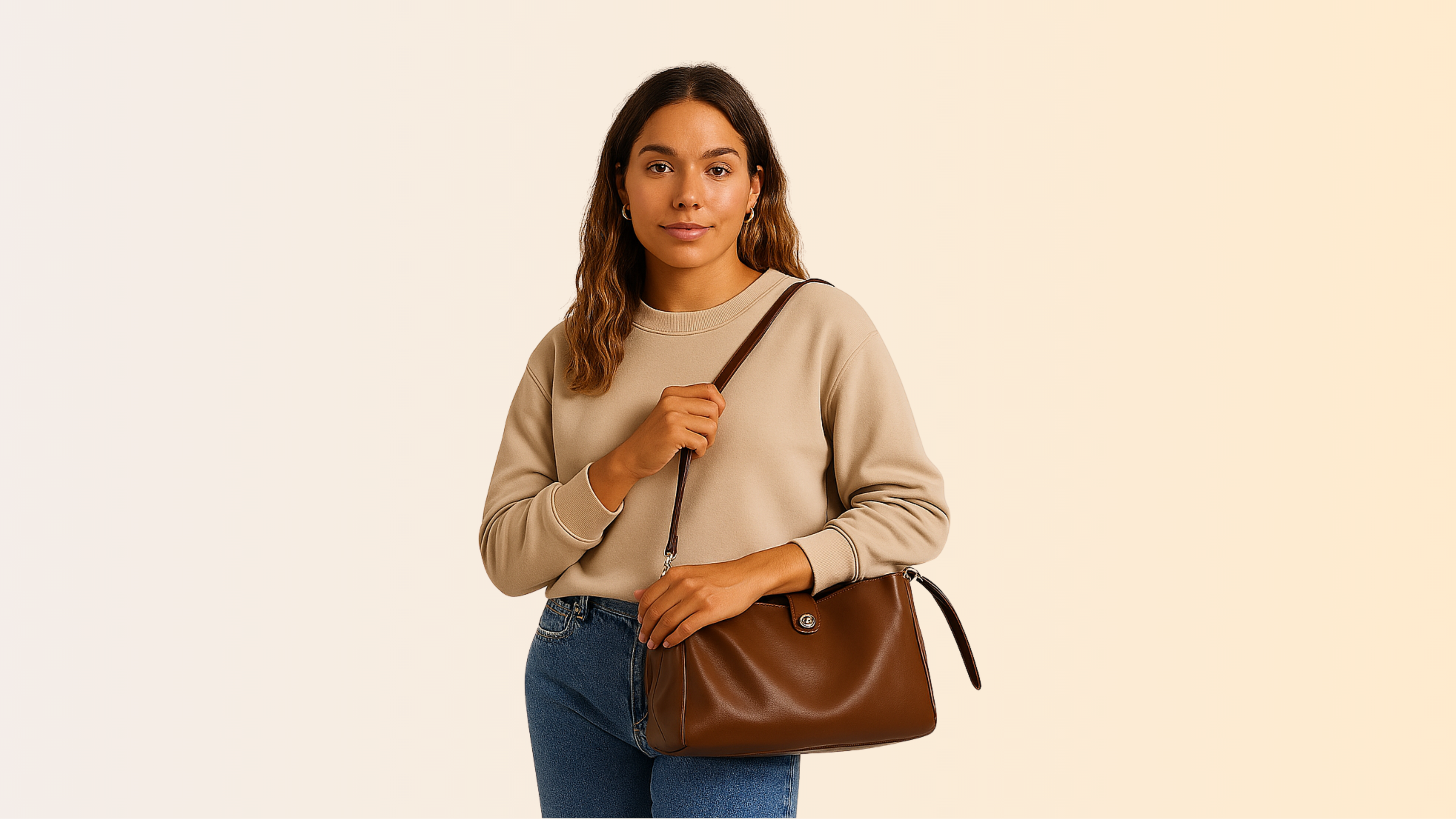 Australian woman in casual attire carrying a stylish handbag on a clean modern background for Shopify store slider