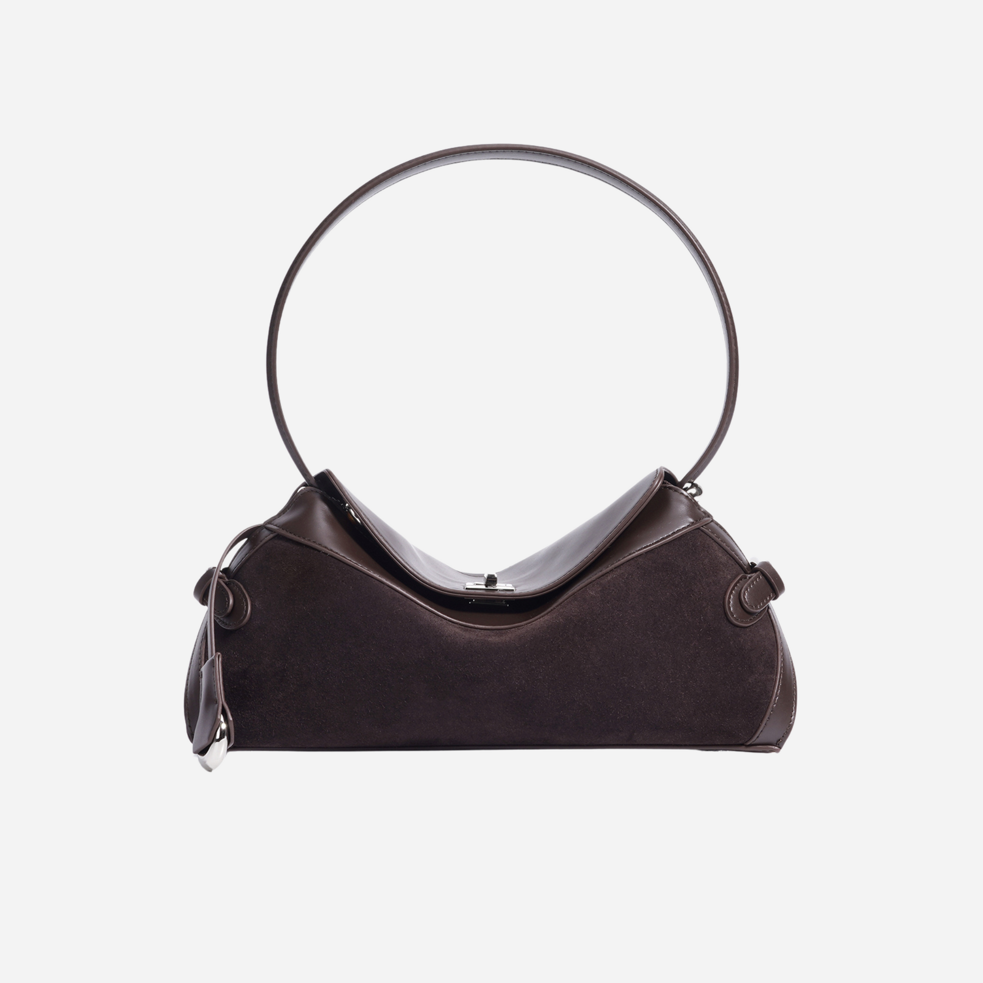Dark brown suede and leather handbag with circular handle, straight front view.