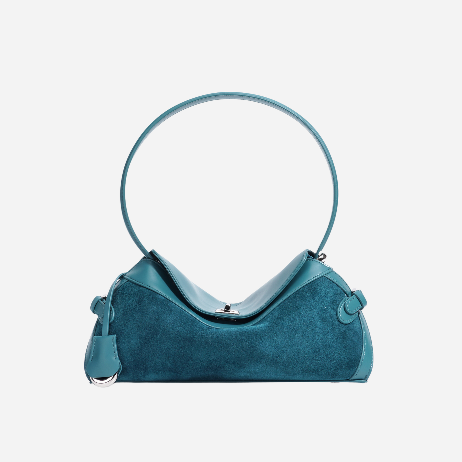 Teal suede and leather handbag with circular handle, front view